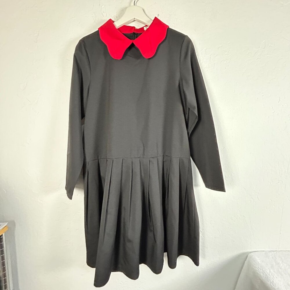 Dodry Black Long Sleeve Pleated Dress Large Red Peter Pan Collar Korean Style